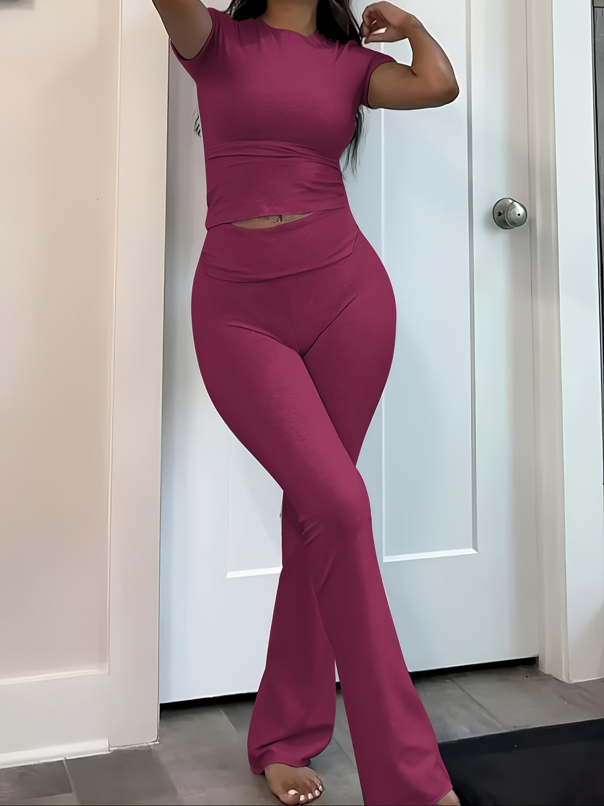 casual solid color   two piece pants set short sleeve