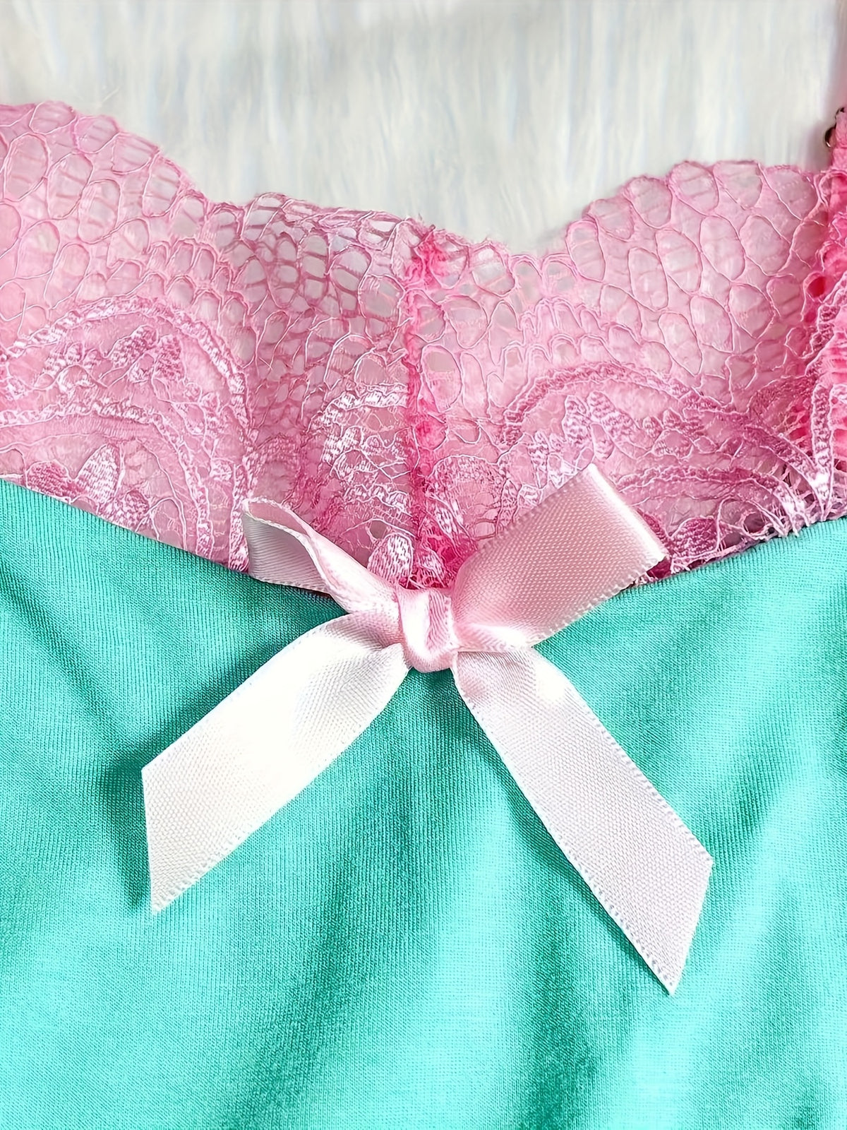 contrast color lace splicing v neck bow splicing soft
