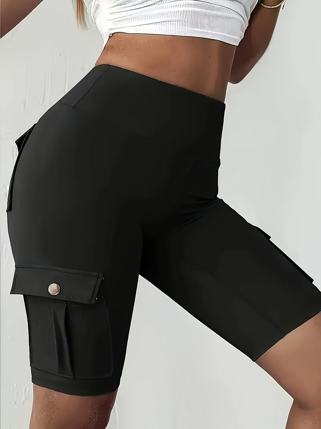 high waist womens solid color athletic yoga cargo shorts