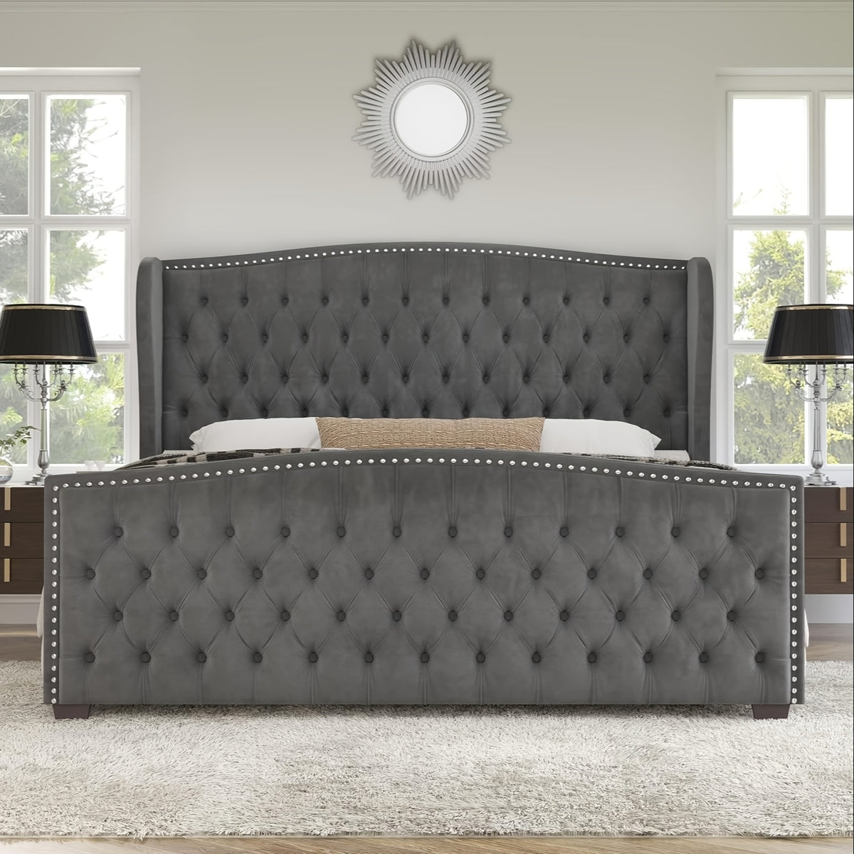 platform bed frame velvet upholstered bed deep button tufted