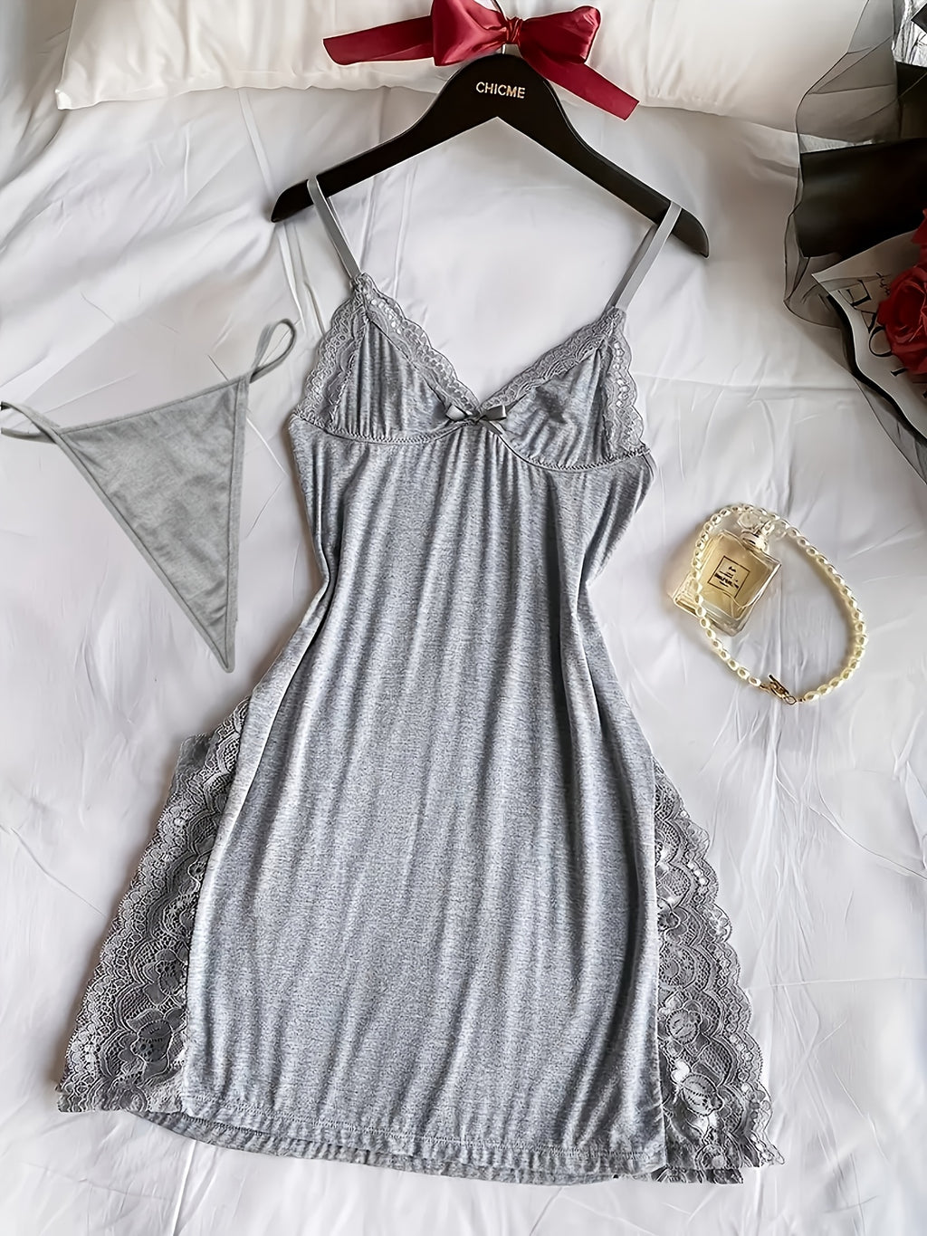 3pcs womens solid color lace nightgowns side slit design