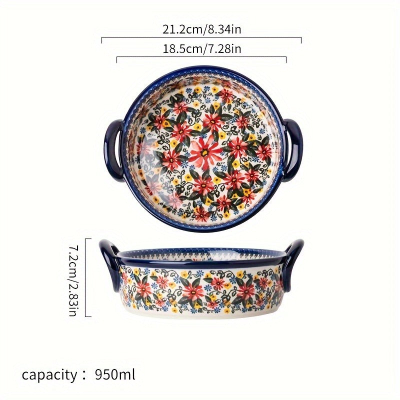 1pc large 950ml ceramic soup bowl dual handles floral