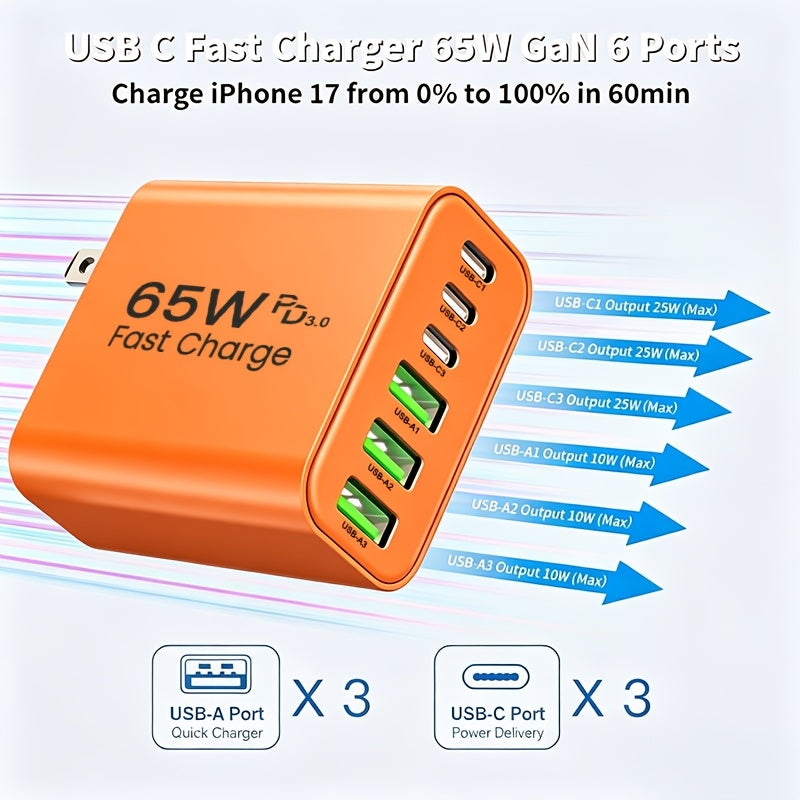 65w 6 port type c type a multi port charger home wall