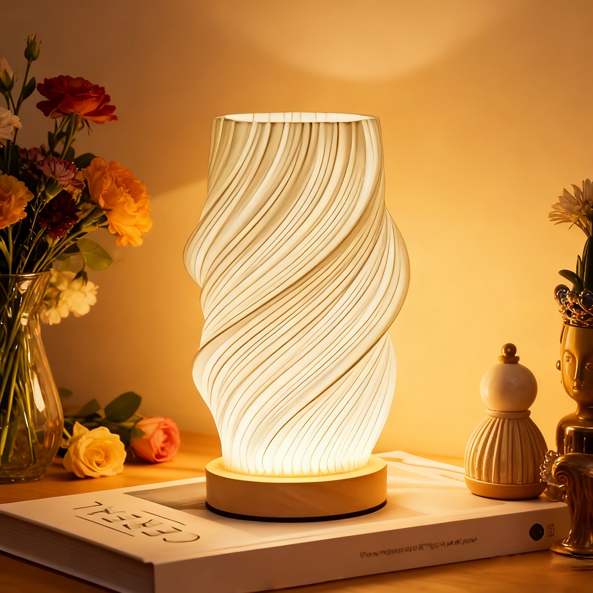 novelty 3d printed vase night light wooden base decorative