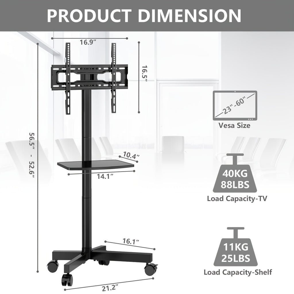 height adjustable mobile tv cart wheels 23 60 inch tvs