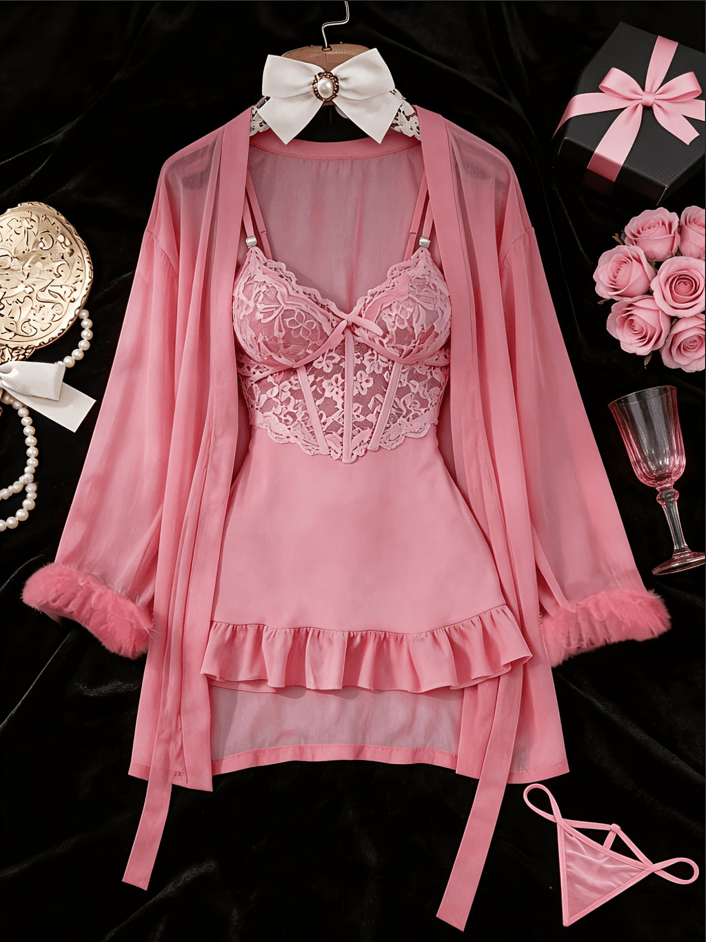 womens   3pcs sheer lace   set robe panty see