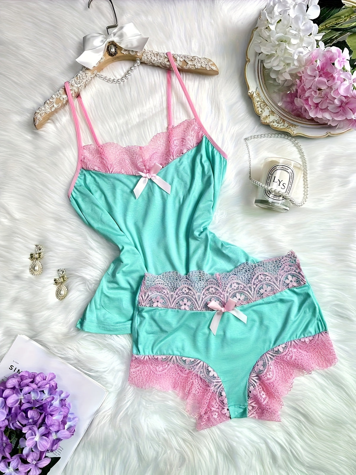 contrast color lace splicing v neck bow splicing soft