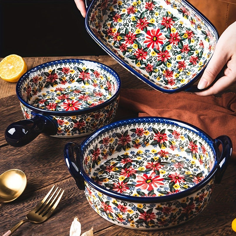 1pc large 950ml ceramic soup bowl dual handles floral