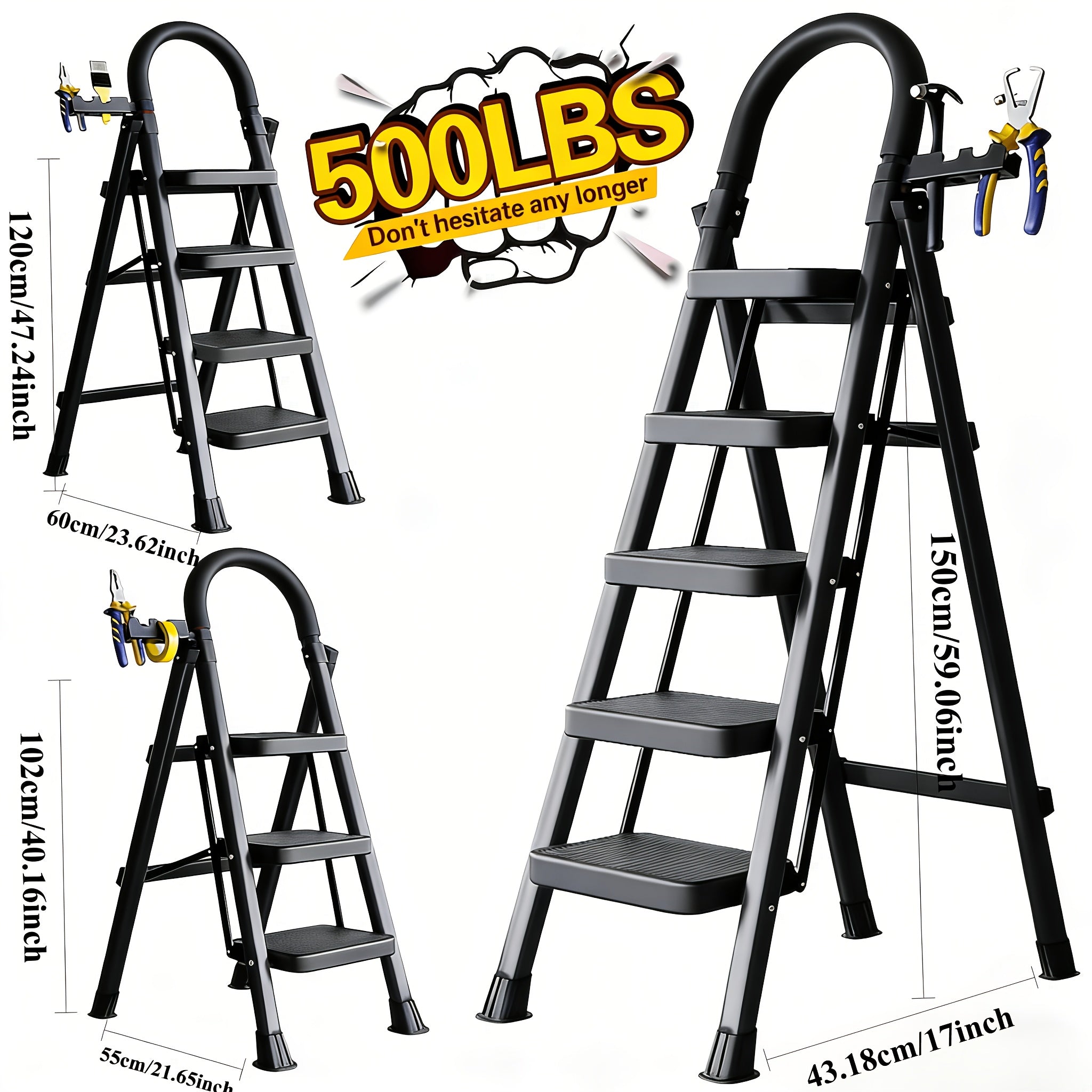 500lbs load bearing folding ladder heavy duty steel step