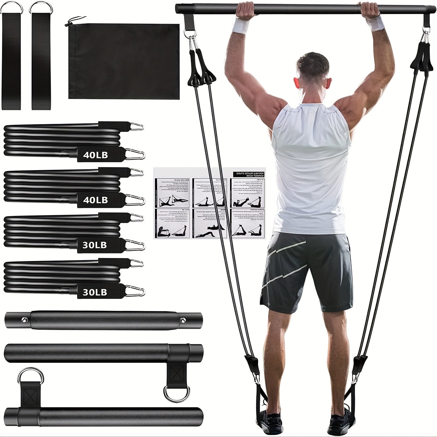 8pcs pilates bar kit 4   bands 140 lbs a portable