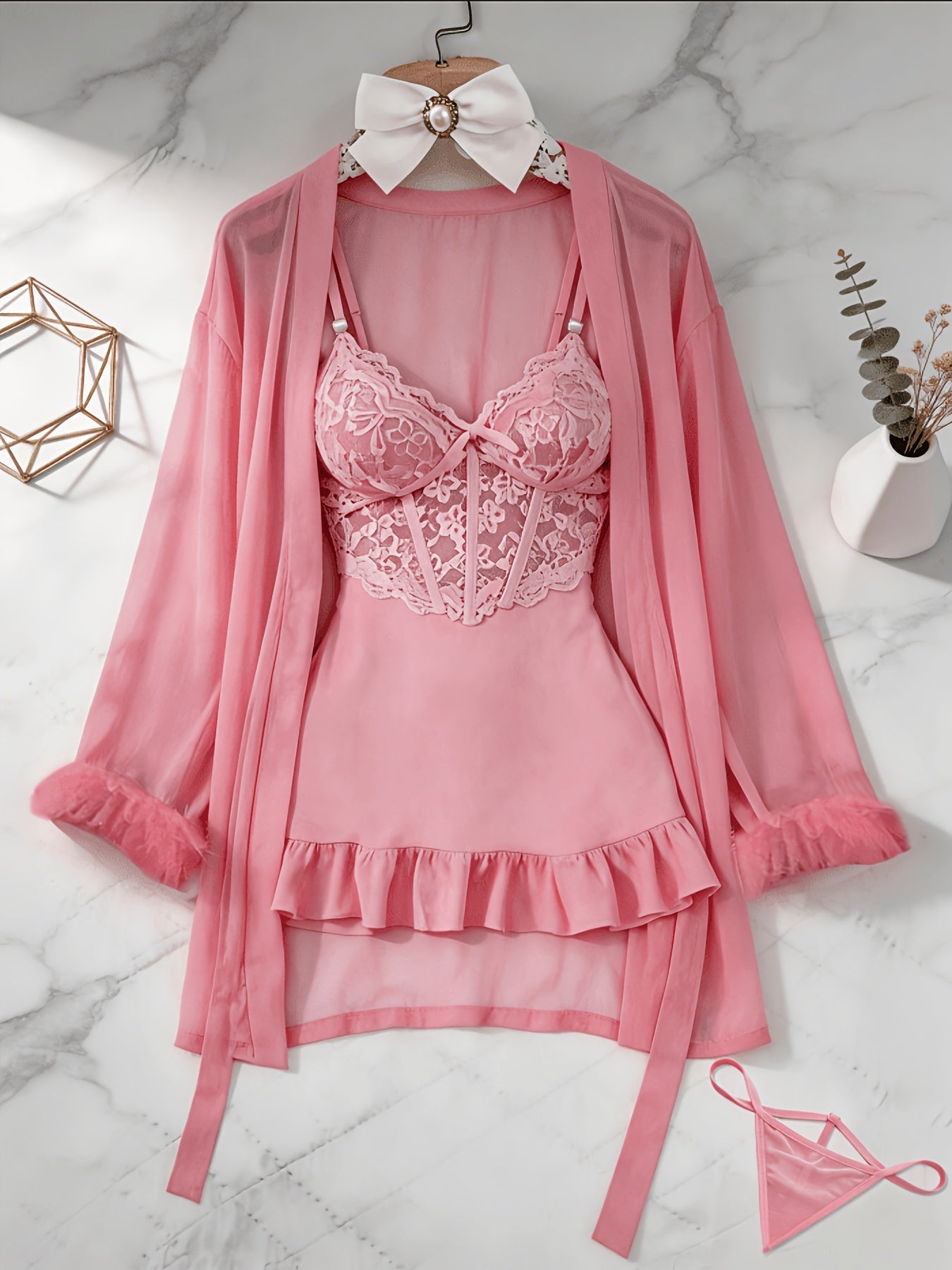 womens   3pcs sheer lace   set robe panty see