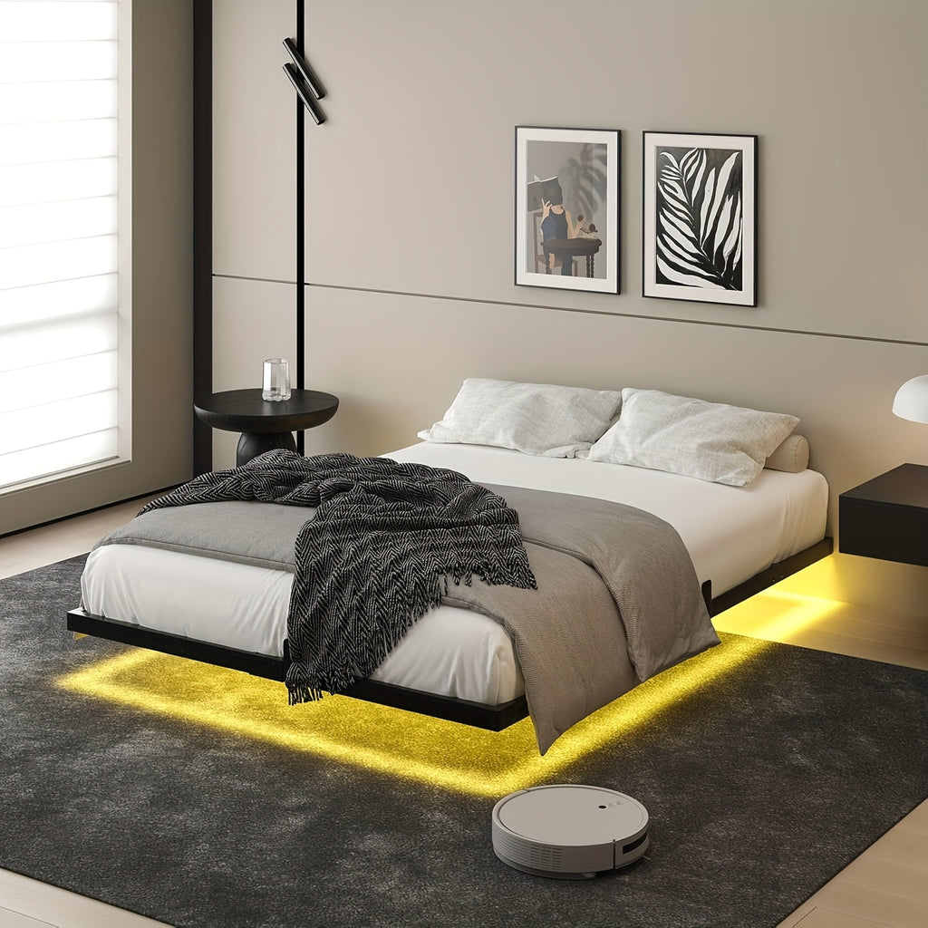 full queen king size floating bed frame smart led lights