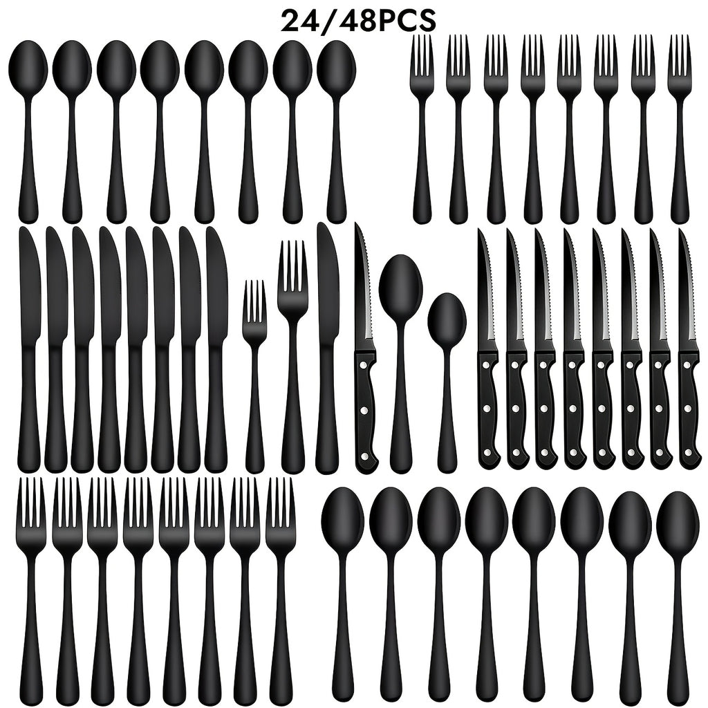 24 48pcs black silverware set steak knives service 4 8