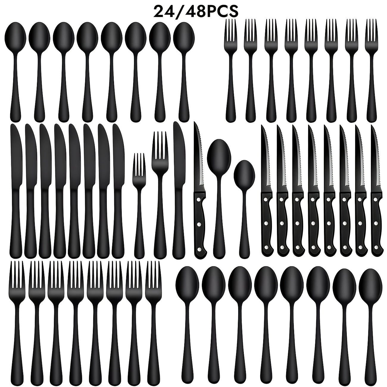 24 48pcs black silverware set steak knives service 4 8