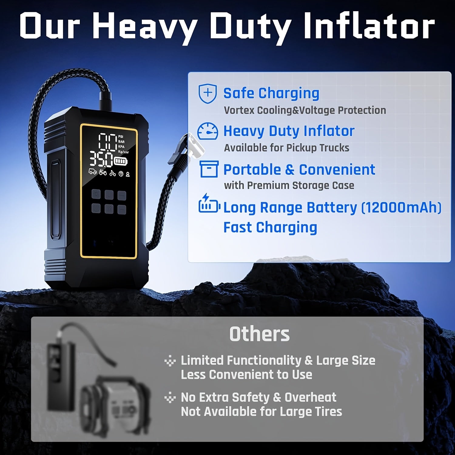 12000mah heavy duty tire inflator portable air compressor