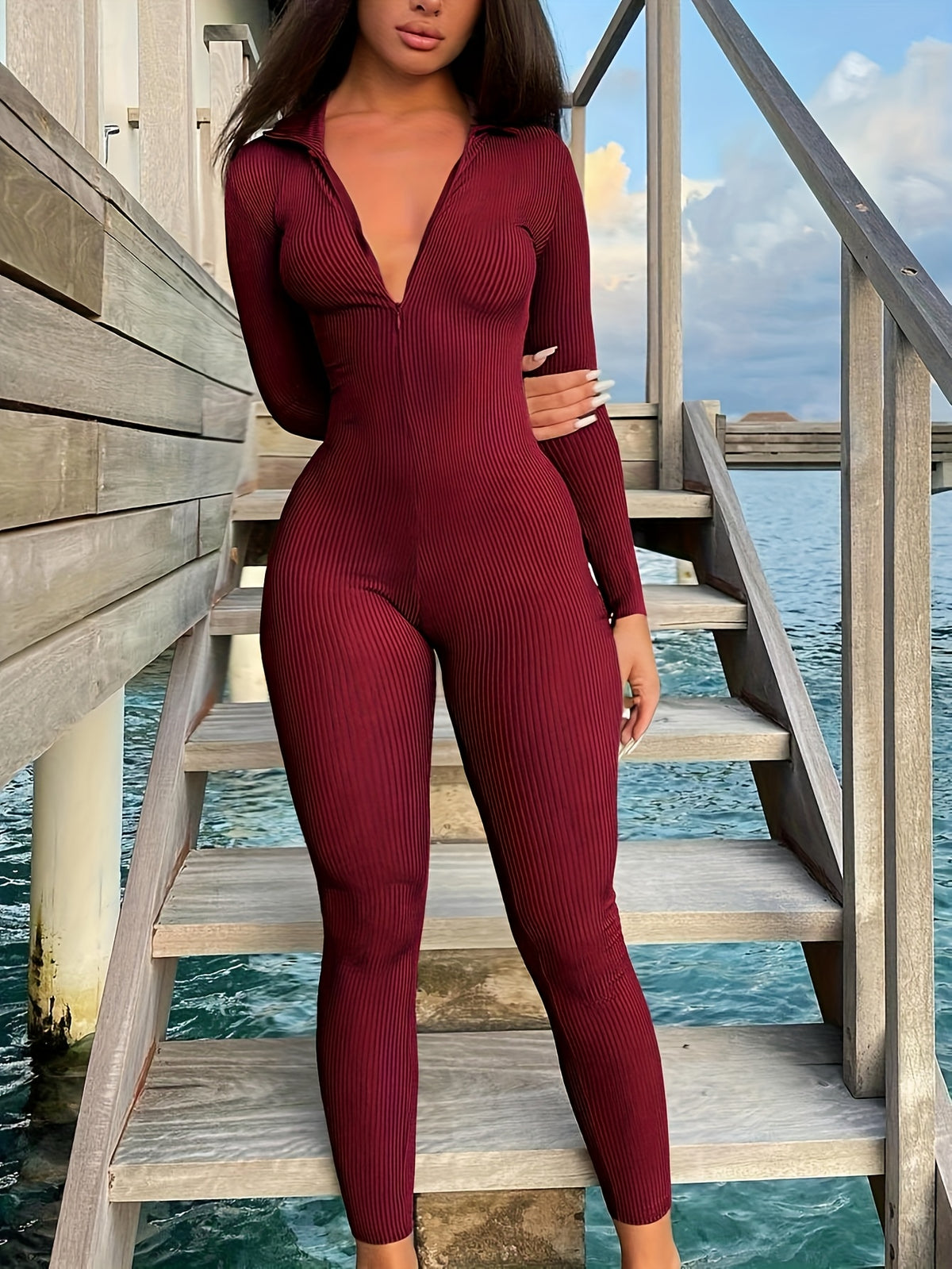 womens fashion solid color zipper ribbed   fit jumpsuit