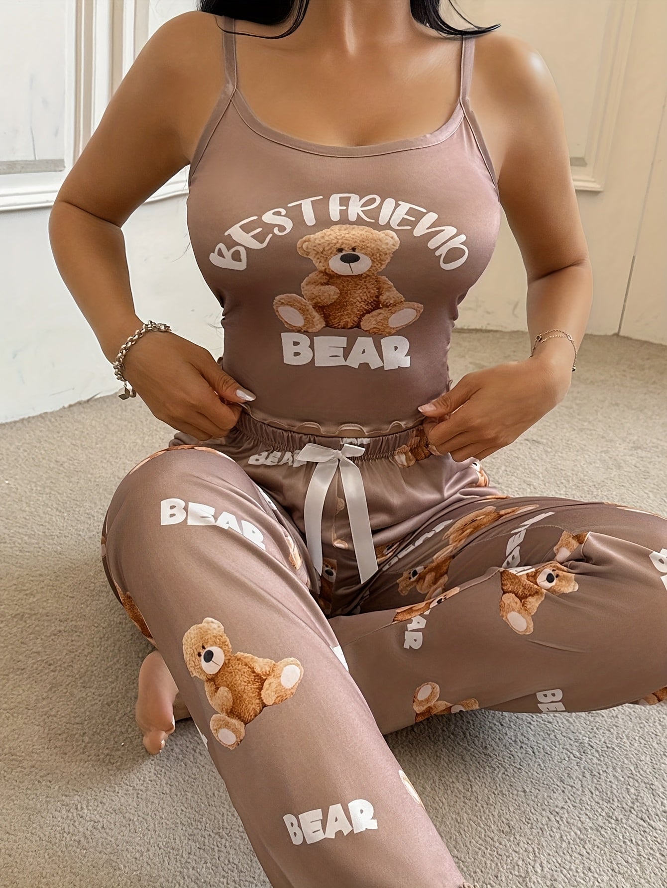 casual womens letter print cute teddy bear camisole top