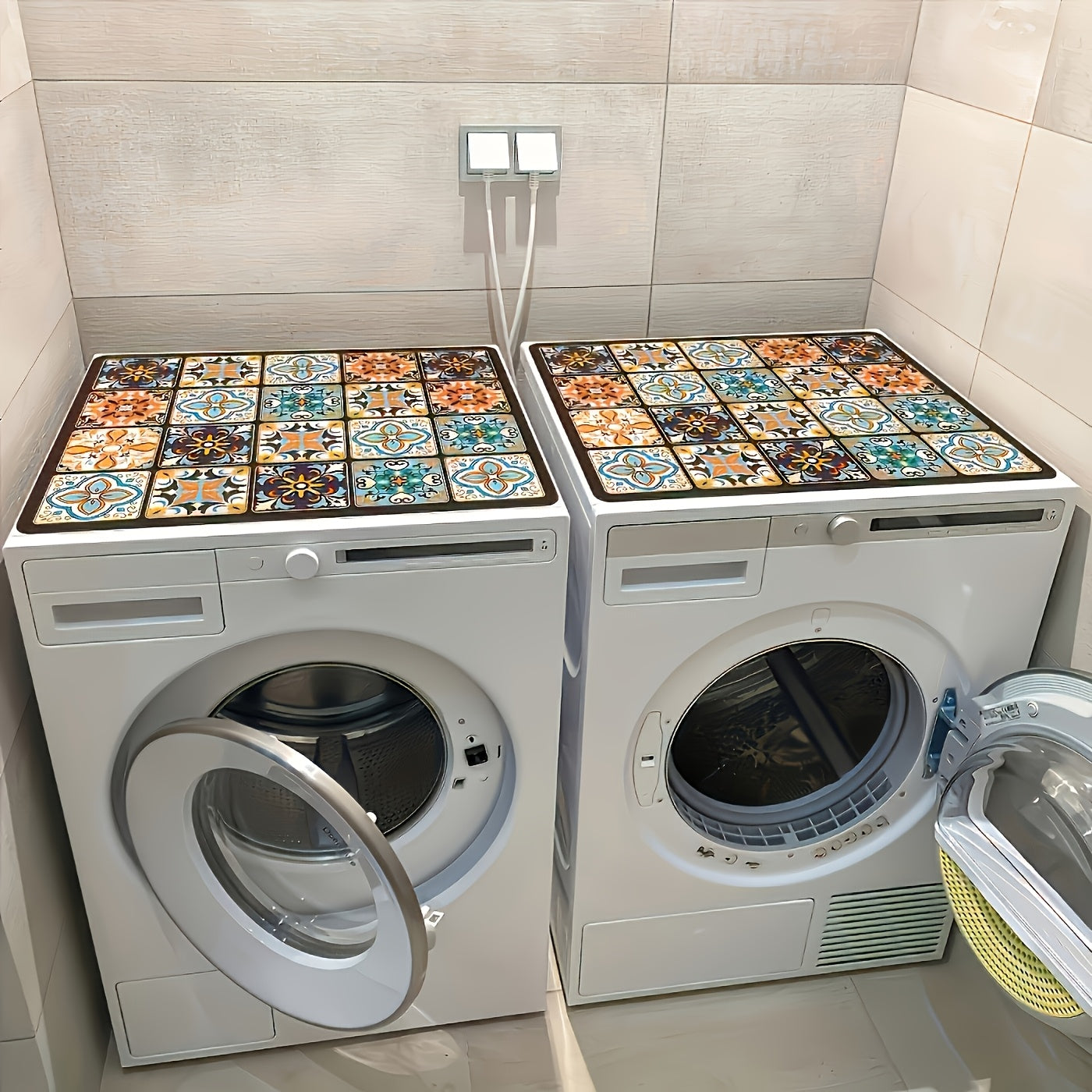 vibrant retro colorful tile washing machine cover durable 23