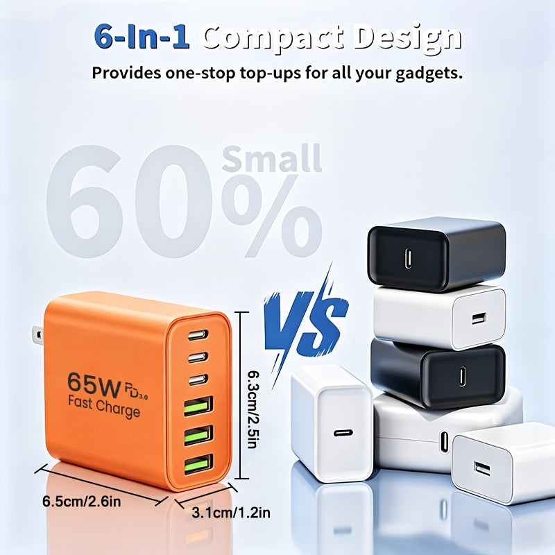 65w 6 port type c type a multi port charger home wall