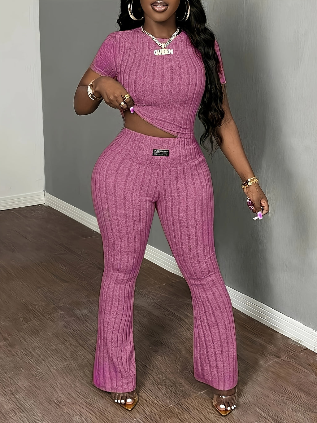 womens ribbed solid color top wide leg pants set women's