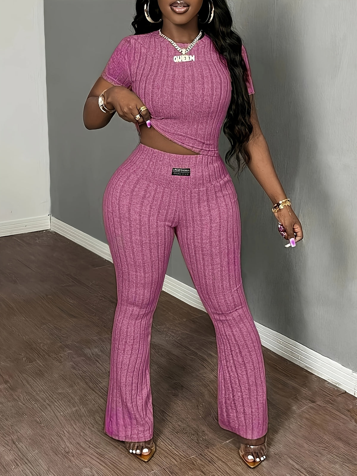 womens ribbed solid color top wide leg pants set women's
