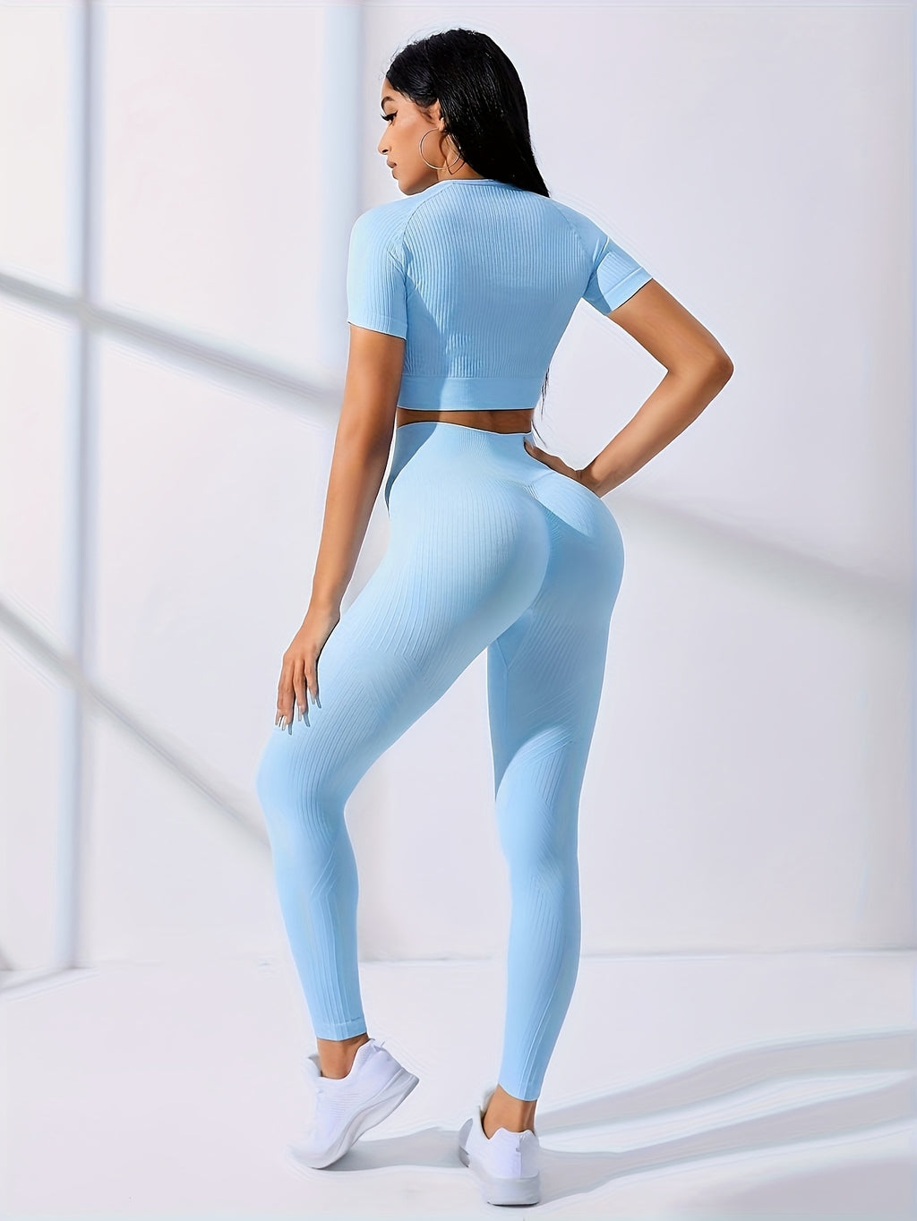 womens 2pcs workout set yoga top leggings crew neck medium