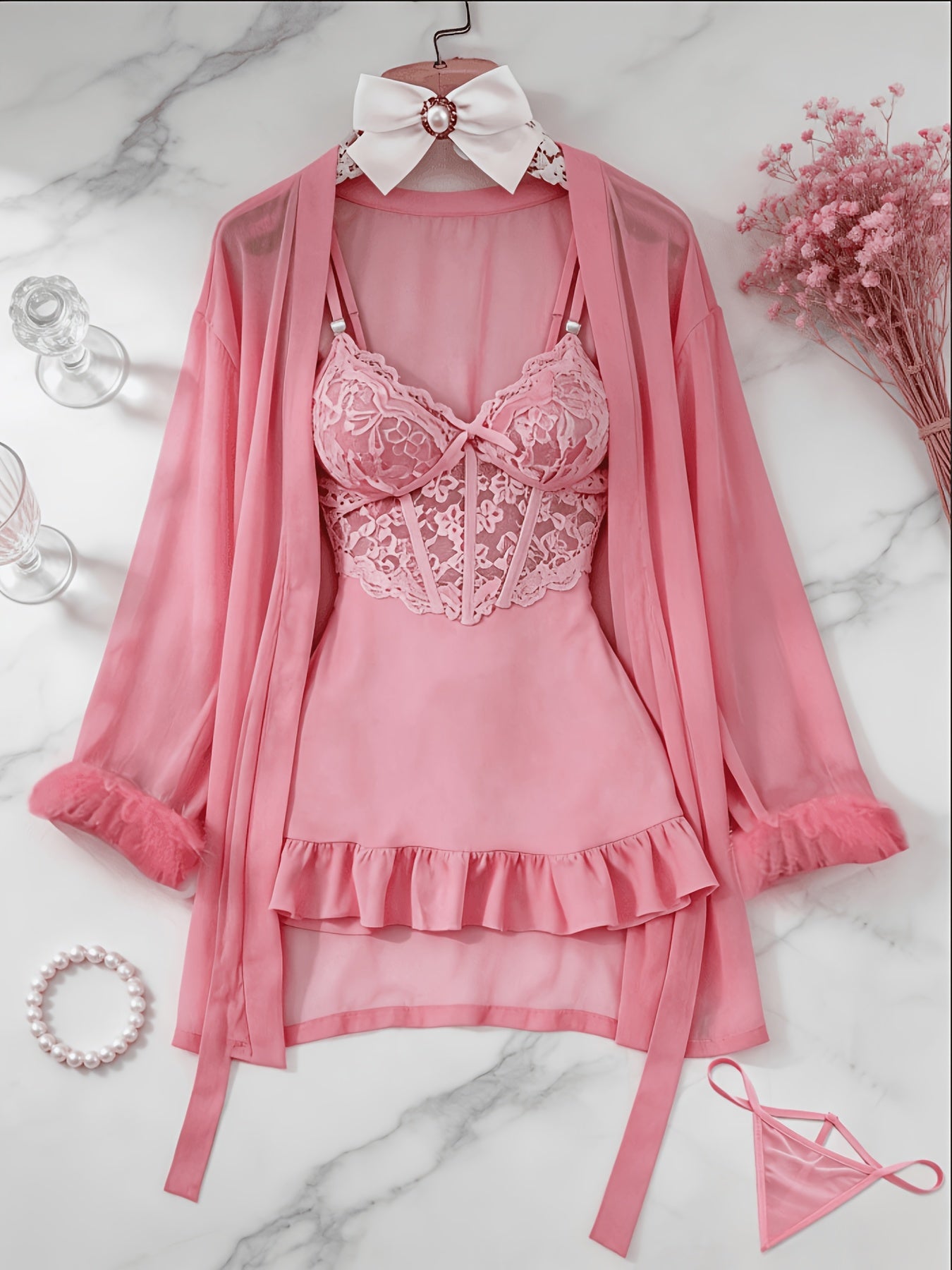 womens   3pcs sheer lace   set robe panty see