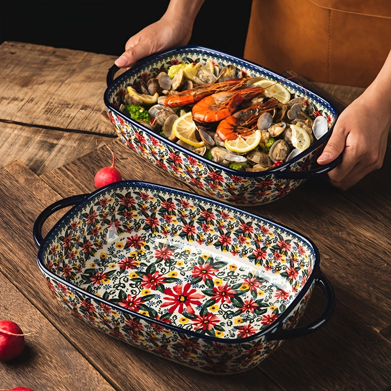 1pc large 950ml ceramic soup bowl dual handles floral