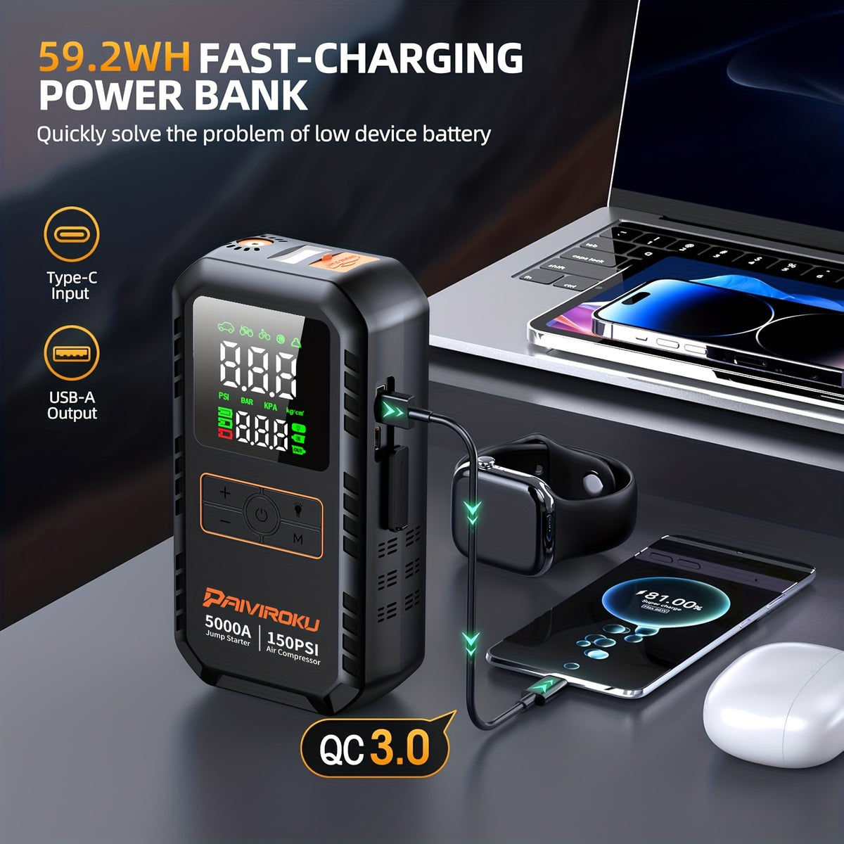 7 in 1 portable jump starter air compressor 150 psi air pump