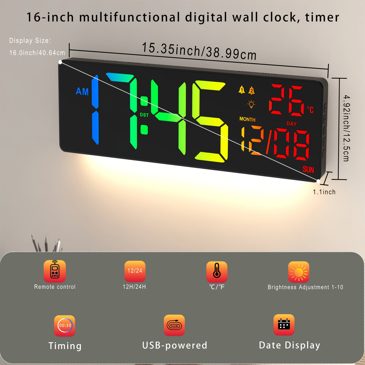 1pc 16 3 inch multifunctional large digital wall clock 7 rgb