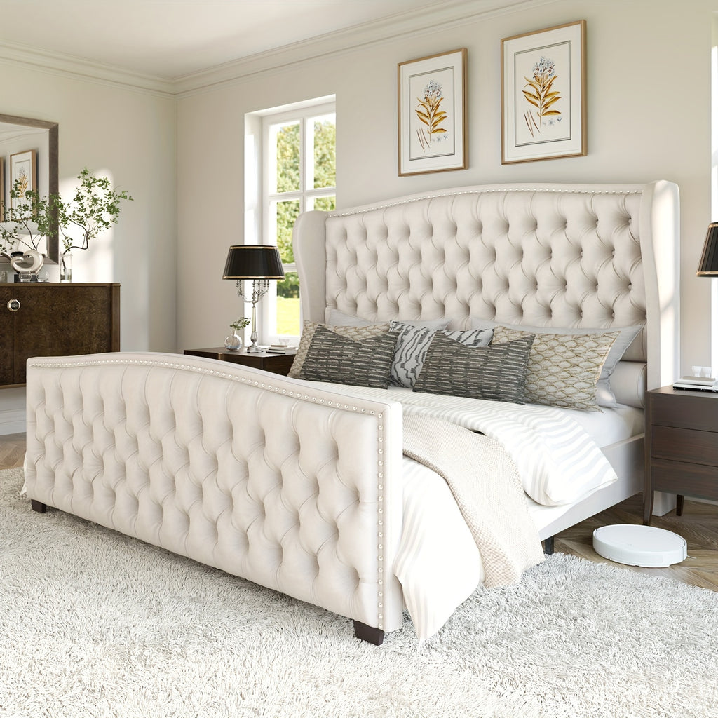 platform bed frame velvet upholstered bed deep button tufted