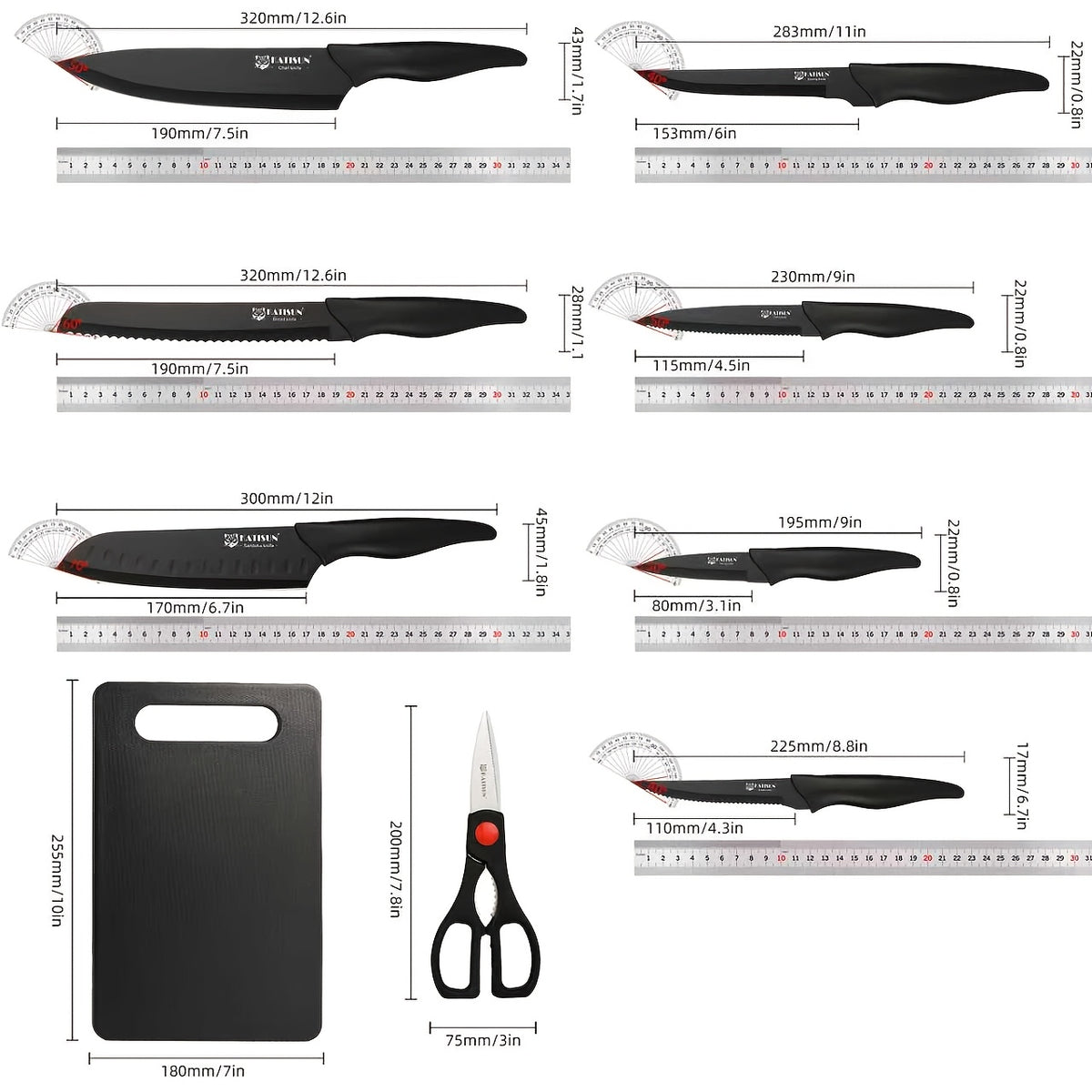 15pcs professional black coded kitchen knife set black