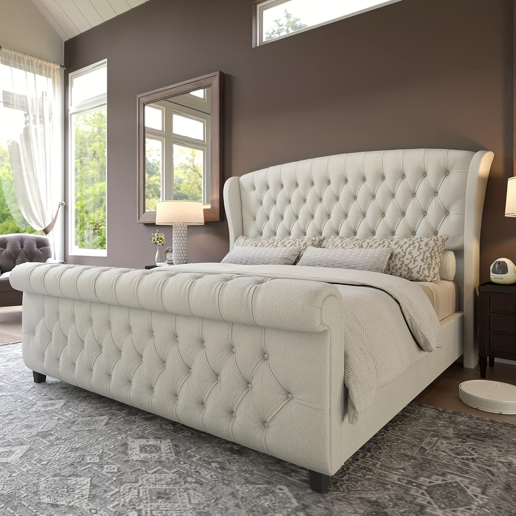 chenille upholstered platform bed frame scroll wingback