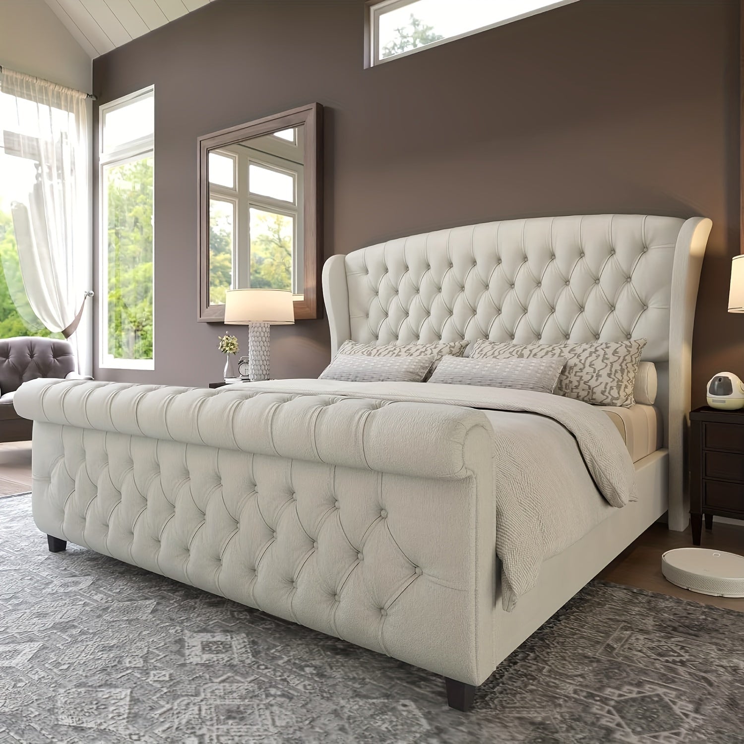 chenille upholstered platform bed frame scroll wingback