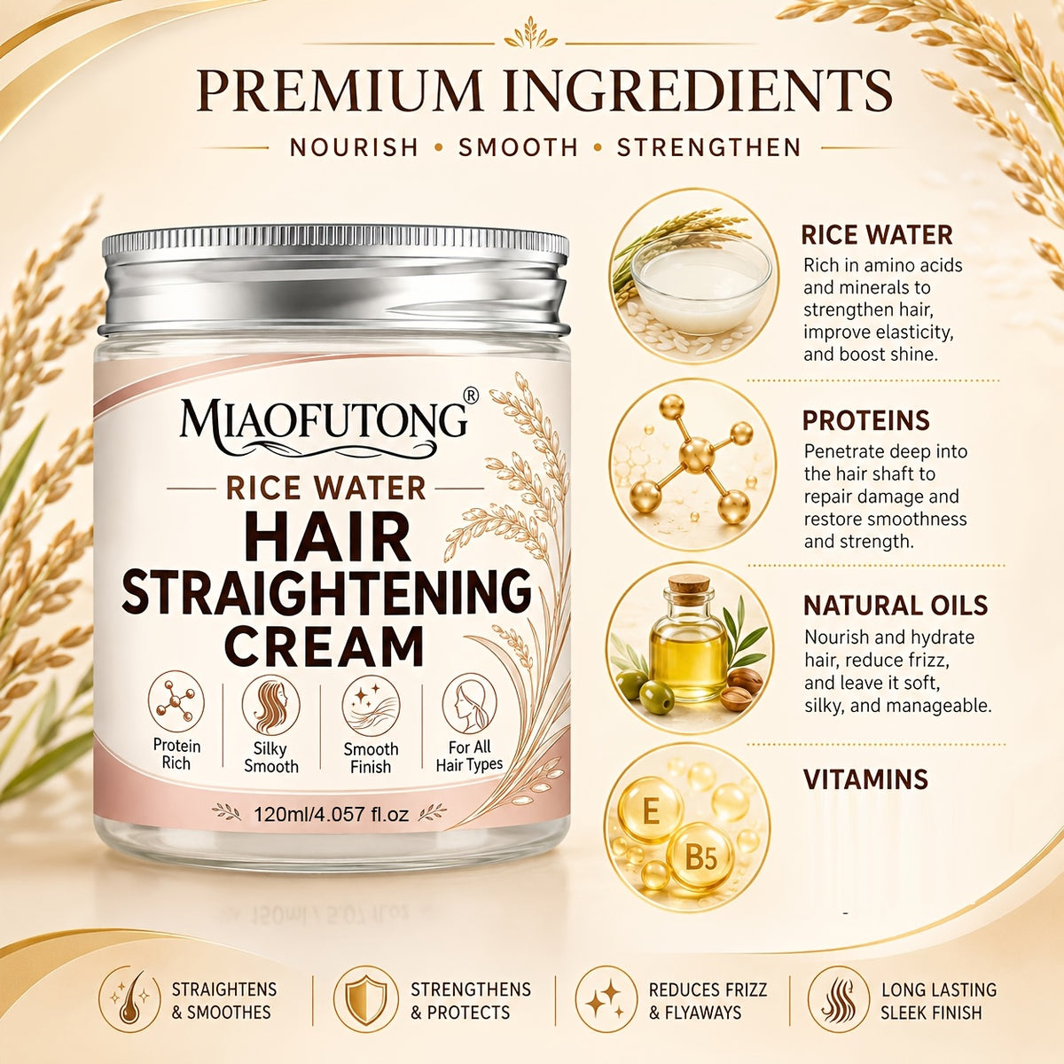 rice water hair straightening cream 120ml heat protectant