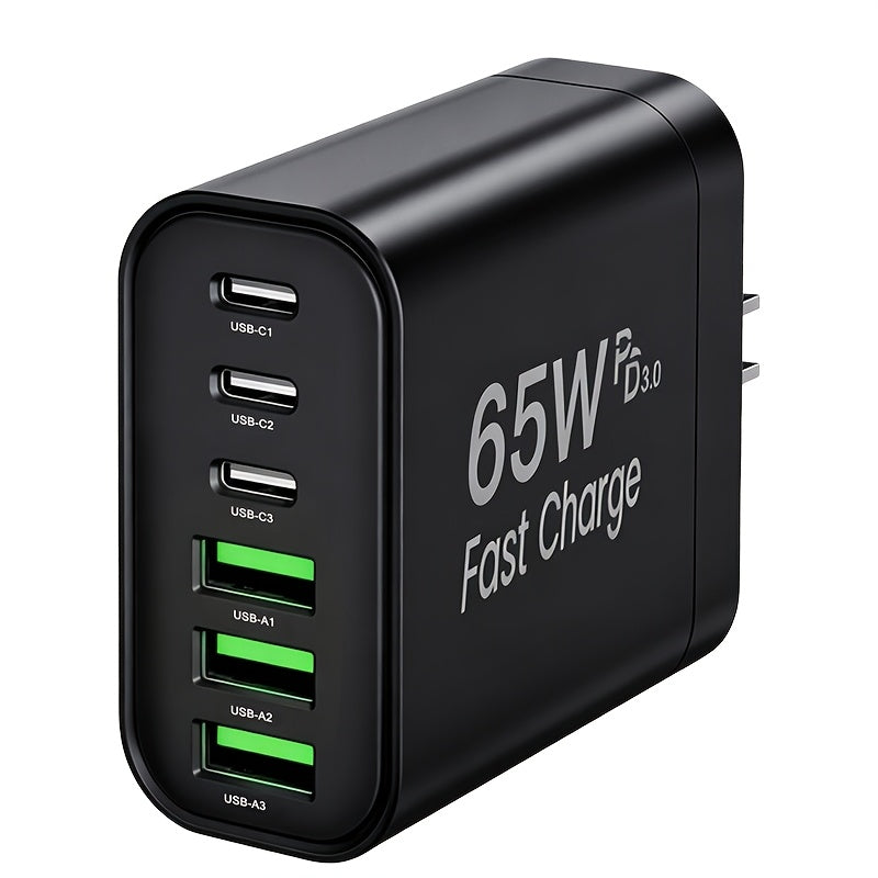 65w 6 port type c type a multi port charger home wall