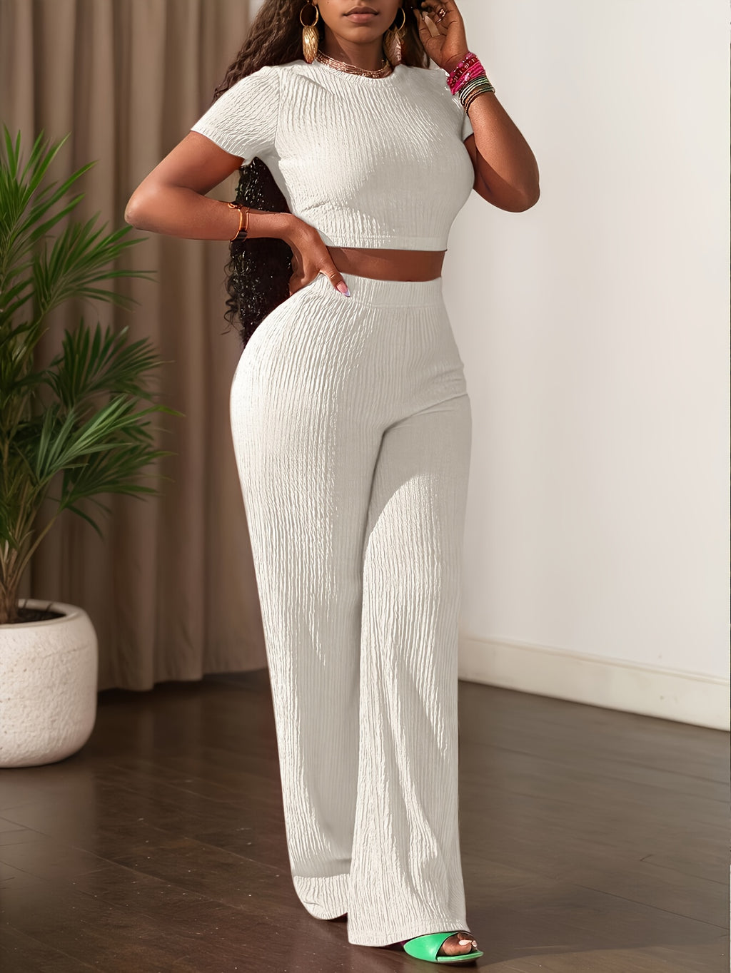 2025 new solid color short sleeve top wide leg pants casual