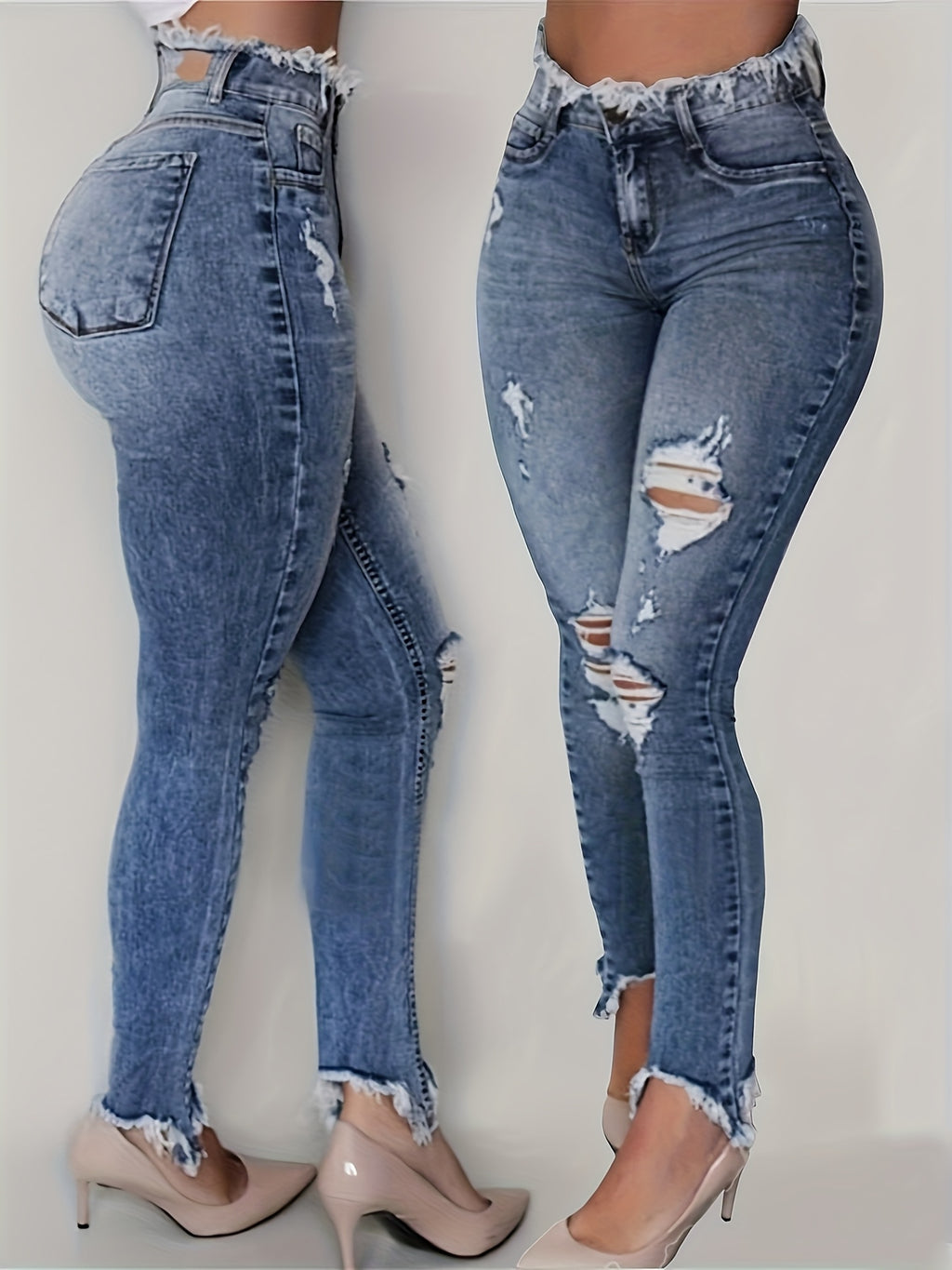 irregularly ripped jeans women     style blue denim