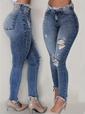 irregularly ripped jeans women     style blue denim