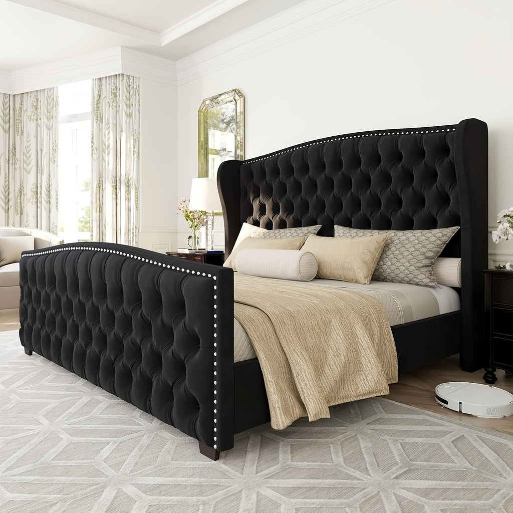 platform bed frame velvet upholstered bed deep button tufted