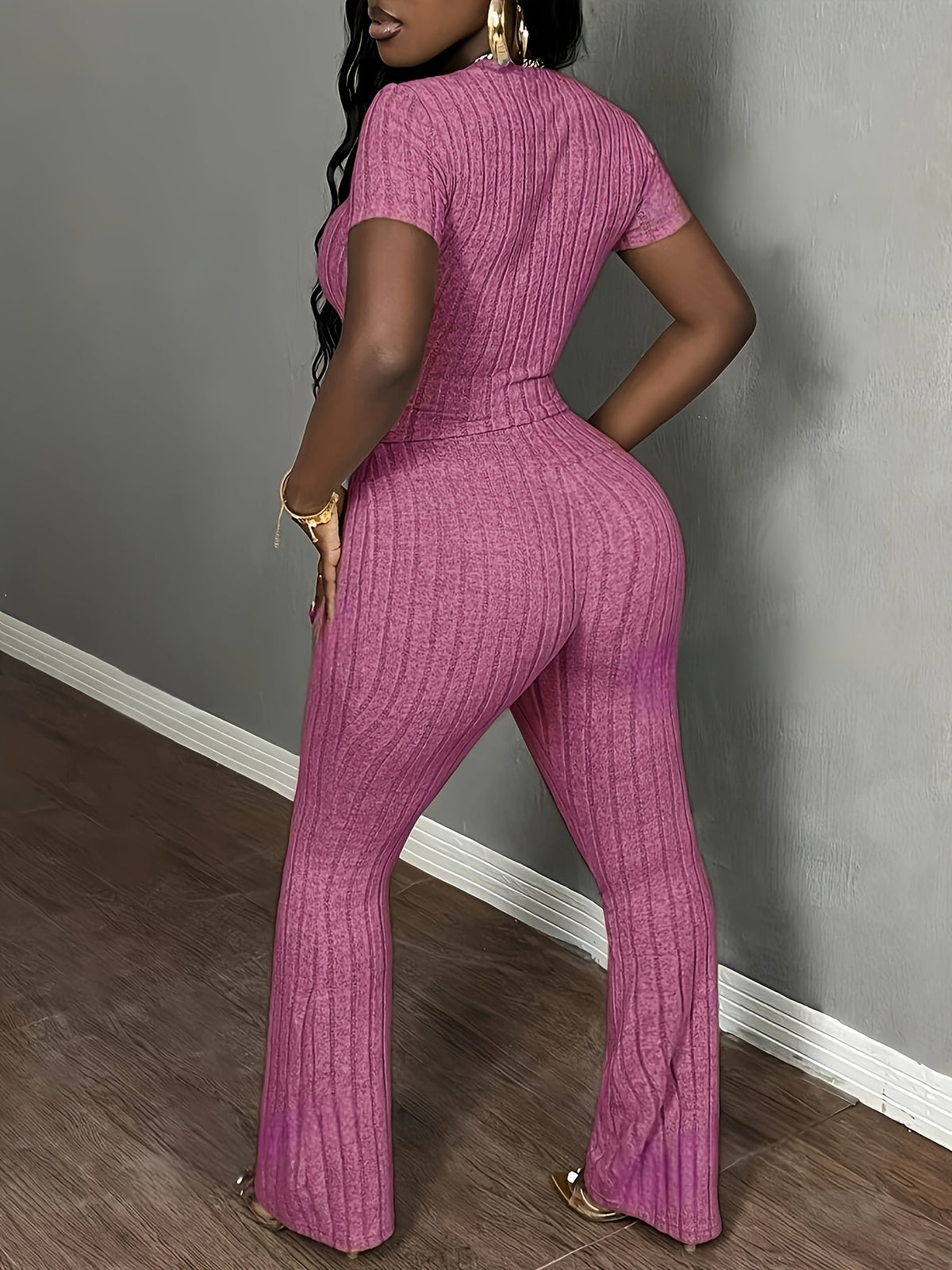 womens ribbed solid color top wide leg pants set women's