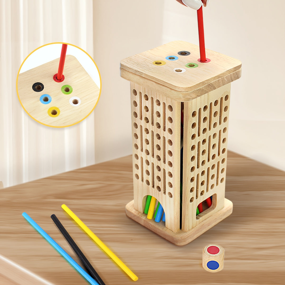 childrens wooden stick   1 dice 4 colored balls 30