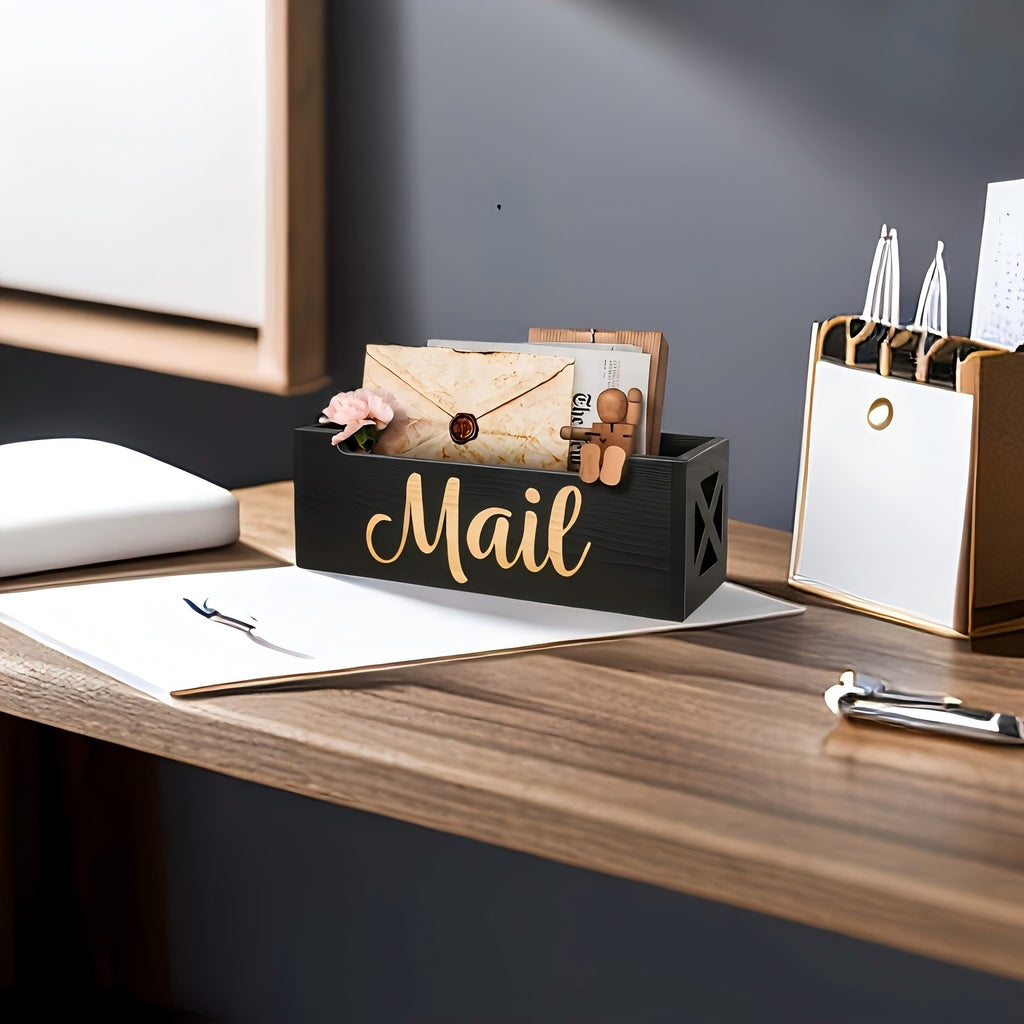 wooden mail holder storage organizer box rustic brown wood