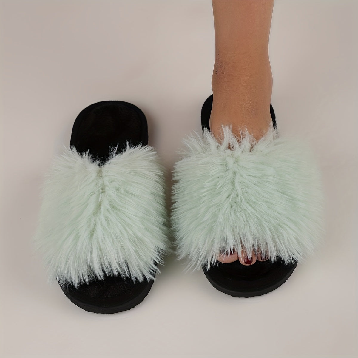 autumn winter long pile one toe open slippers women plush