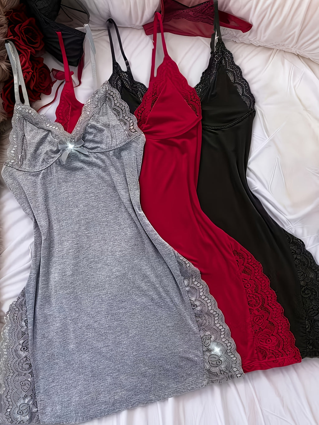 3pcs womens solid color lace nightgowns side slit design