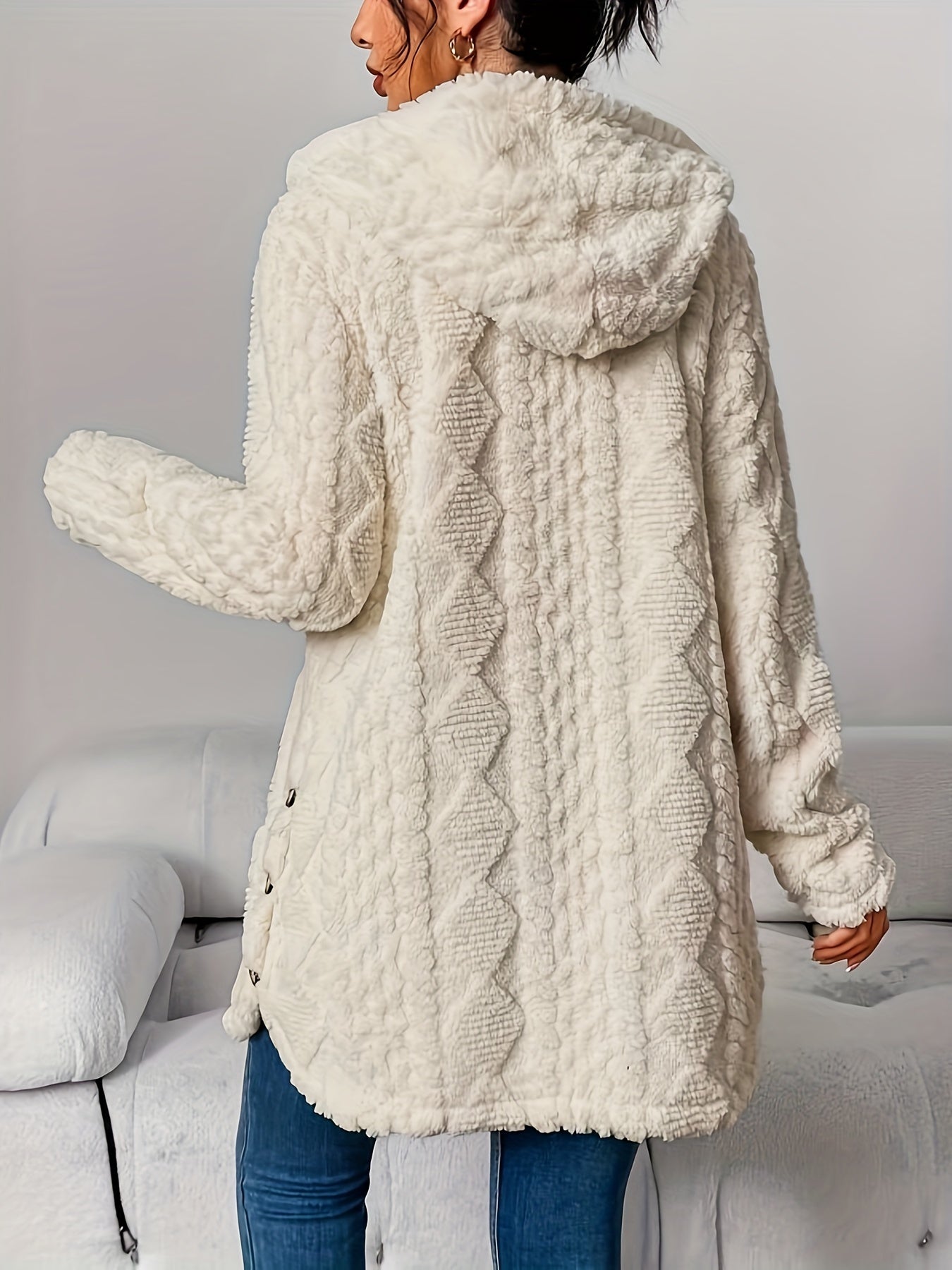 autumn winter   jacquard plush hooded cardigan